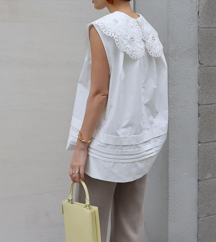 Japanese Designer Exquisite Embroidered Hollow Lace Large Lapel Pure Cotton Sleeveless Shirt Vest Babydoll Top for Women