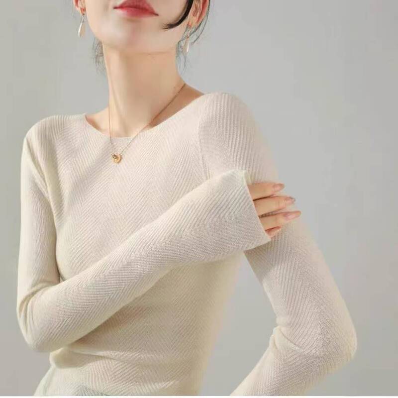 26 New Models of Yangzi Yarn Fine-Spun 100% Wool Off-Shoulder Fishbone Pattern Knit Soft Base Shirt for Women, Slimming Thin Sweater