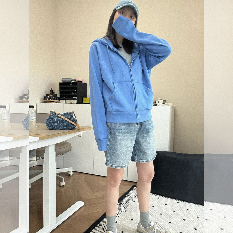 Lazy Style Blue Hooded Zipper Sweatshirt for Women, Korean Style Loose Fit, Slimming, Everyday Versatile Casual Cardigan Jacket Top