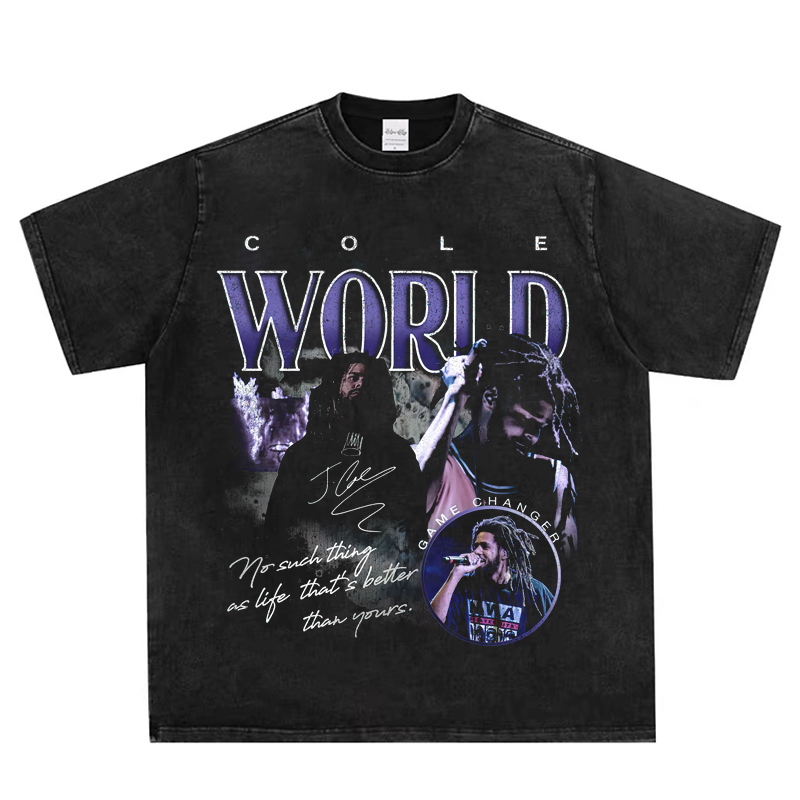 Jcole Vintage American Retro Hip-Hop Rap Heavy-Duty Small-Neck Pure Cotton Trendy Short-Sleeve T-Shirt for Men