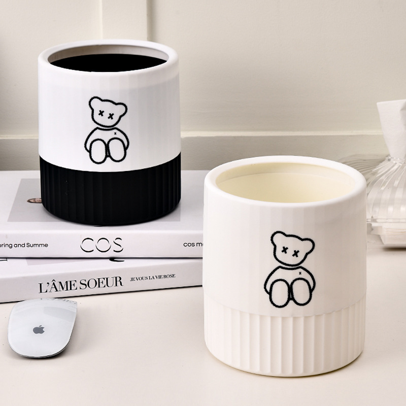 Nordic Round Mini Lidless Desktop Trash Can for Coffee Table, Living Room, Office, Study, Double-Layer Striped, Simple and Creative
