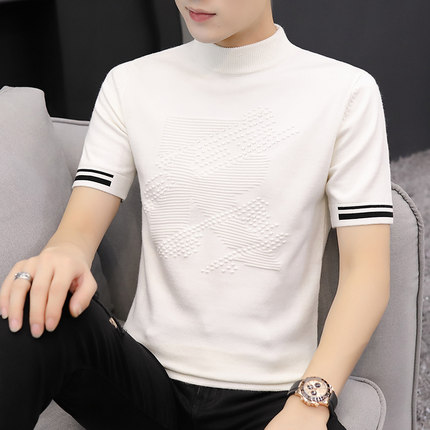 Spring and Autumn Half High Neck Base Knitted Sweater Short-sleeved base shirt Men's T-shirt Casual Pullover Mid-collar Half-Sleeve Sweater Men