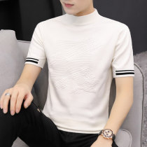 Spring and Autumn Half High Neck Base Knitted Sweater Short-sleeved base shirt Mens T-shirt Casual Pullover Mid-collar Half-Sleeve Sweater Men