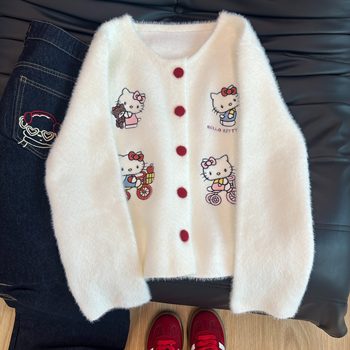 Cartoon kt cat embroidered sweater jacket for women