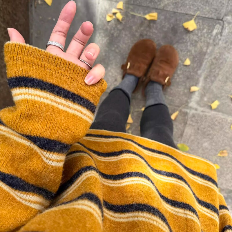 Lazy Style Color-Block Striped Crew Neck Long-Sleeve Sweater Women's Winter Loose Knitwear Versatile Chic Base Top