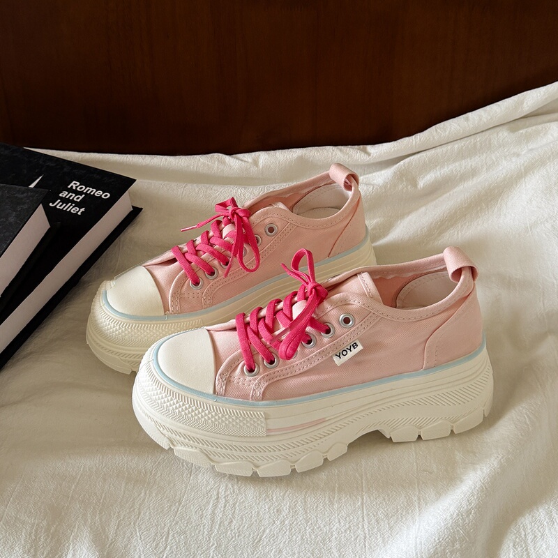 British Thick-Soled Pink Canvas Shoes for Women, 2026 New Summer Super Popular Height-Increasing Casual Shoes, Platform Lace-Up Sneakers