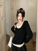 Pregnant woman V-neck bottoming shirt autumn and winter new fashion contrast color fake two-piece sweater top lazy design sweater