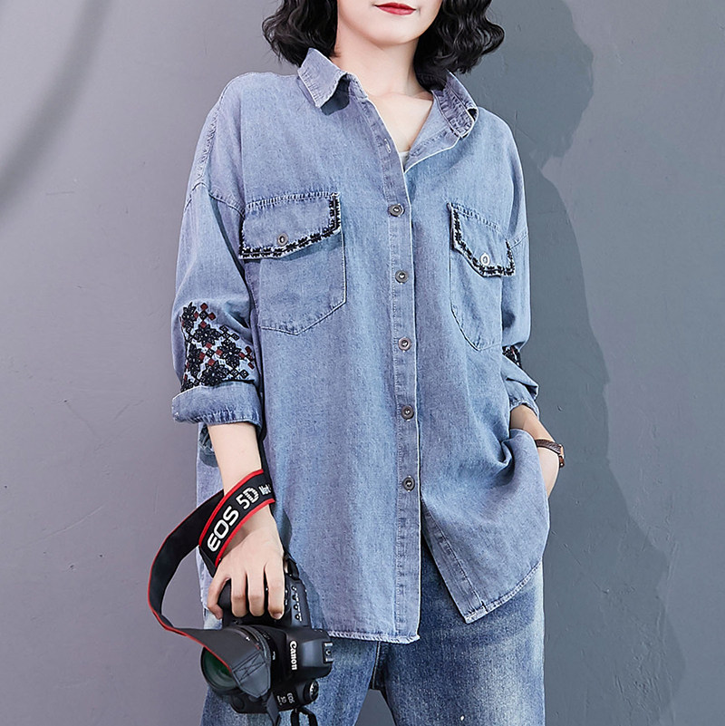 Pregnancy Woman Dress Blouse Embroidered Denim Shirt Woman Fall Fat Mm Loose Large Size Code Tidal Moms Shaded Long Sleeve Shirt Jacket