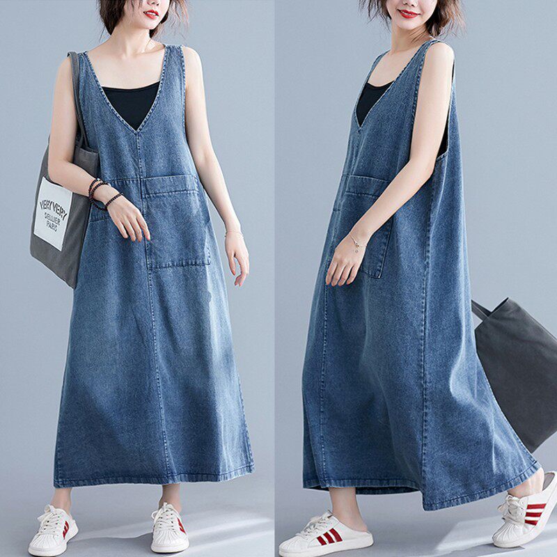 Pregnant women summer fashion loose denim skirt in the long sleeveless maternity dress fashion mom casual over the knee dress