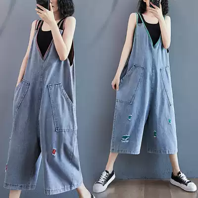 Pregnant women pants summer dress big size denim baby bag pants women casual thin wide leg pants loose suspenders seven-point jumpsuit