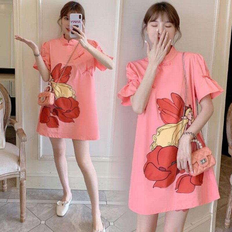 Pregnant women's improved Cheongsam women's long version of summer retro dress appliqué loose large size pregnant women's dress tide