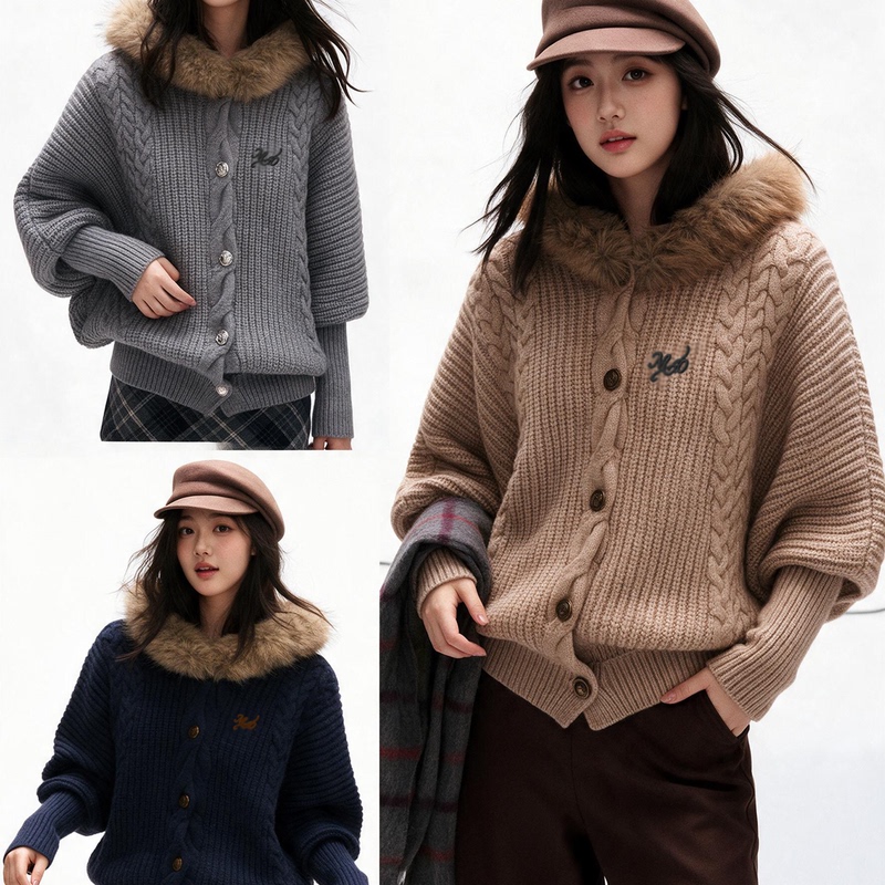 10.10 New Product Westayhone Fur Collar Batwing Sleeve Knitted Sweater Coat for Women 2026 New Autumn Winter Thickened Version 10.10 New Product Westayhone Fur Collar Batwing Sleeve Knitted Sweater Coat for Women 2026 New Autumn Winter Thickened Version