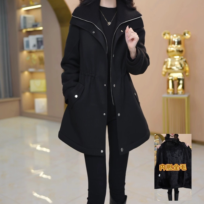Black Fleece-Lined Thick Parka Wool Coat for Women, 2026 New Winter Mid-Length Black Warm Overcoat