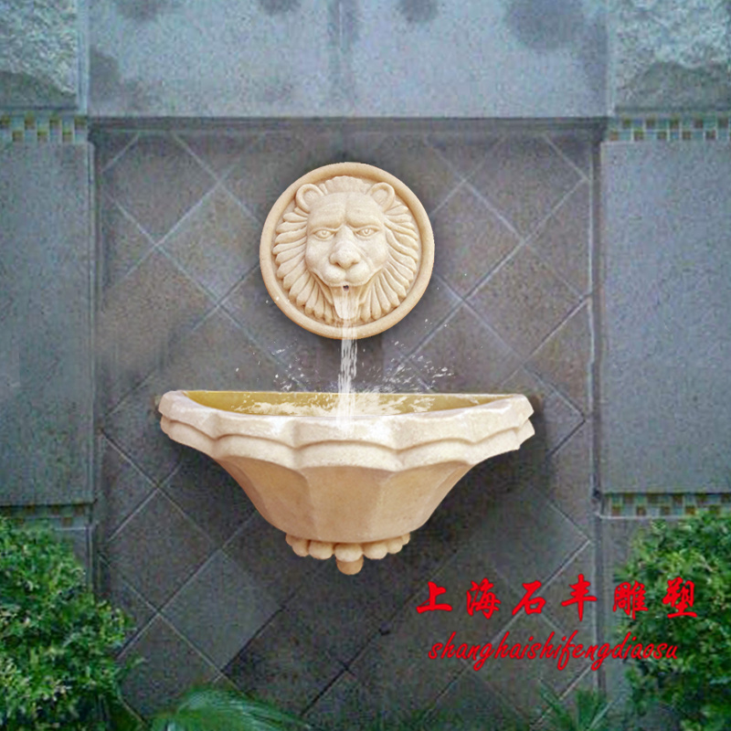 Sandstone Reliefs Mural Round Lion Head Fountain Spray Pool Courtyard Landscape Wall-mounted Fountain Lion Head Landscape Spout