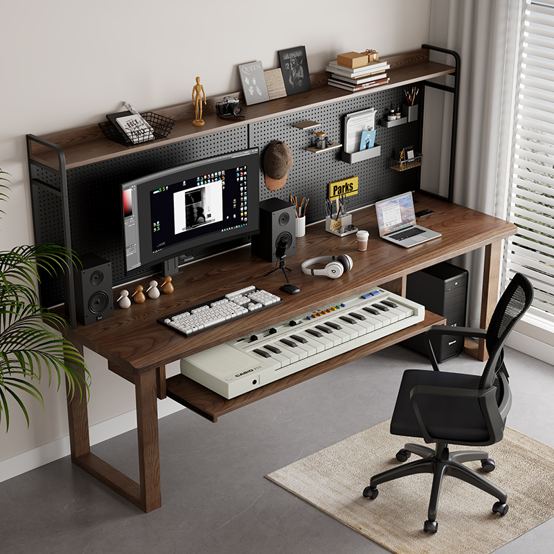 Solid Wood Computer Desk with Keyboard Tray, Piano Music Production Desk, Desktop Office Desk, Bookshelf, Pegboard Storage Rack