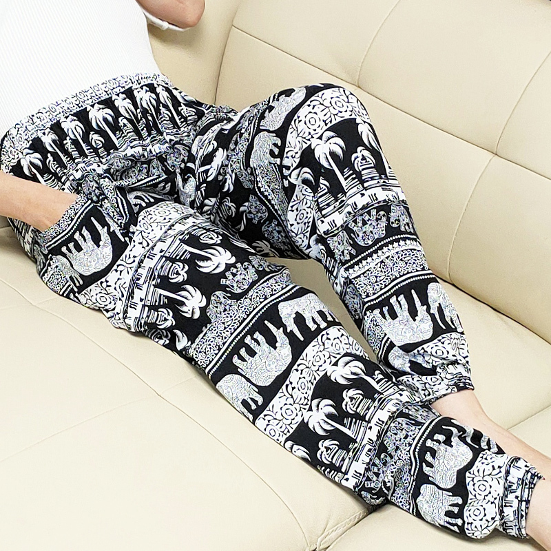 Thai Yoga Lantern Pants for Women, Summer Cotton Silk Pajama Pants, Loose Rayon Sun-Protective Wide-Leg Elephant Flower Beach Long Pants Thai Yoga Lantern Pants for Women, Summer Cotton Silk Pajama Pants, Loose Rayon Sun-Protective Wide-Leg Elephant Flower Beach Long Pants