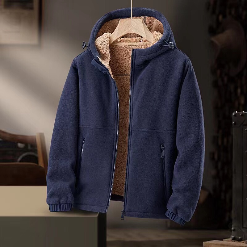 Fleece Jacket for Men 2025 New Autumn and Winter Cotton Cardigan with Fleece Lining, Thickened Lamb Wool Hooded Jacket