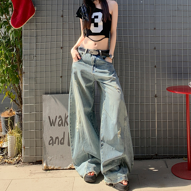 Women's Jeans for Spring and Summer, American Style, Vintage Washed, High Street, Light Blue, Low-Waisted, Loose, Curved Wide-Leg, Ripped Pants