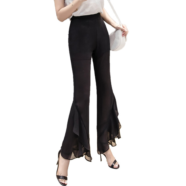 Black chiffon wide-leg pants women's summer thin section high-waisted straight tube slimming all-match drape flared casual trousers autumn