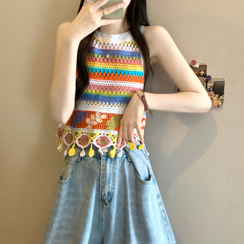 Colorful Striped Dopamine Tassel Vest Summer Bohemian Dai Hollow Embroidery Yunnan Knitted Suspender Women
