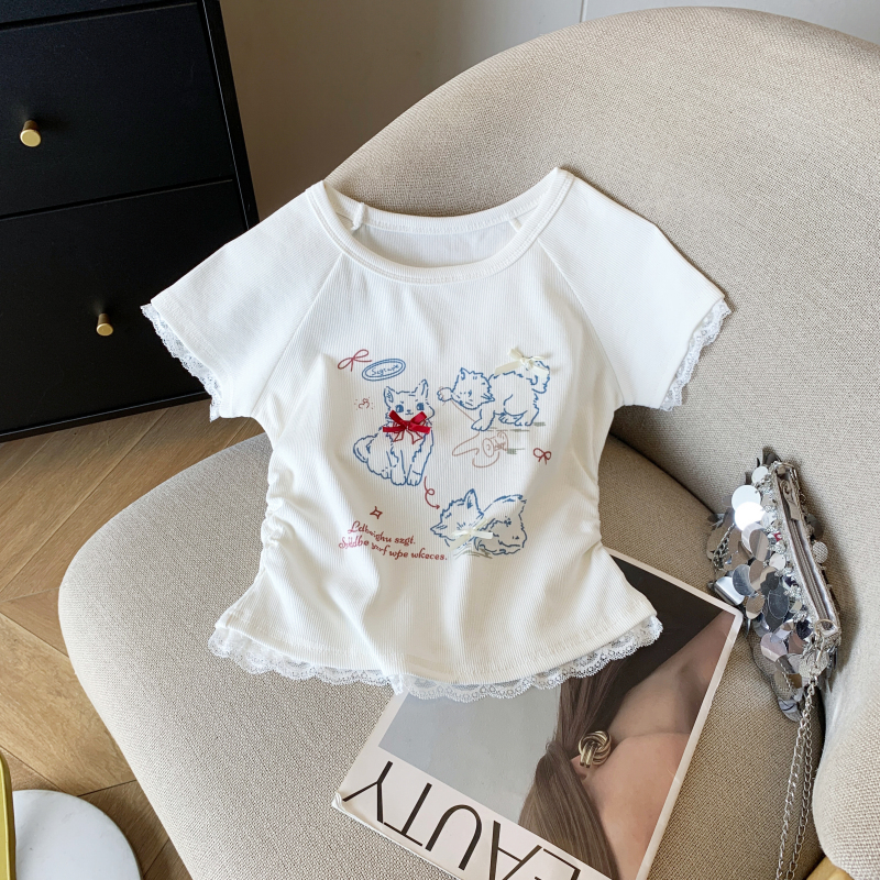 Cute Cartoon Print Short-Sleeved T-Shirt for Petite Women, 2026 Summer New Lace-Trimmed Waist-Cinching Short Top