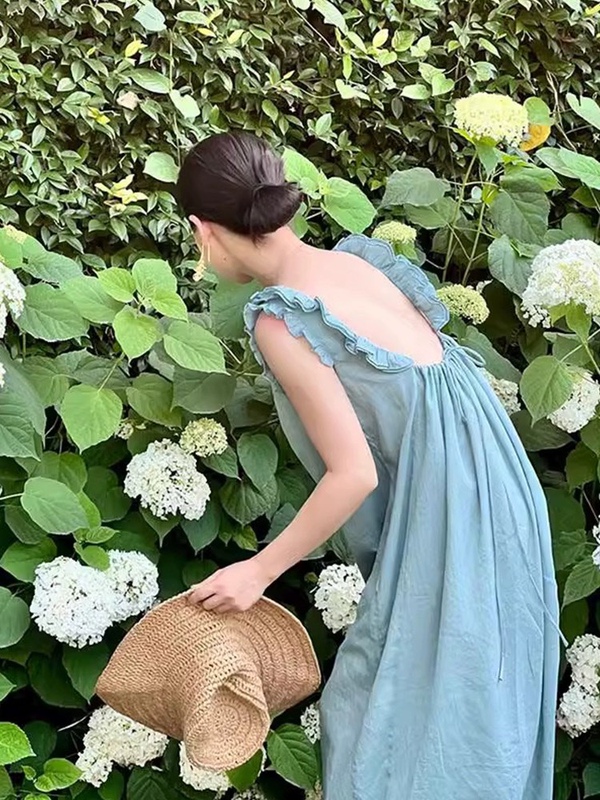 Ruffled Seaside Vacation Beach Dress, Backless, Loose, Sleeveless, Elegant Long Dress, Tank Top, Spaghetti Strap Dress for Women, Summer