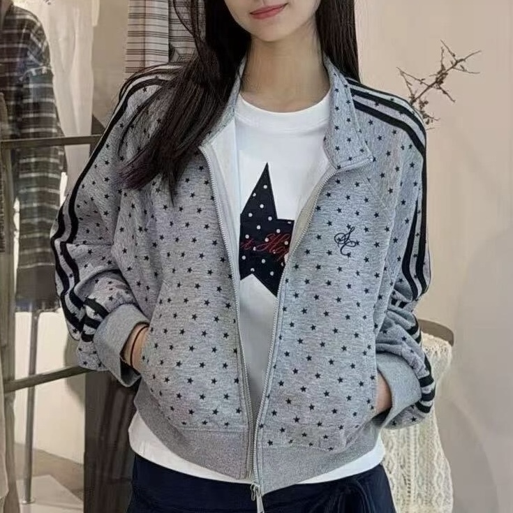Wm.Mengment American Retro Star Print Hooded Zipper Short Jacket, Versatile Casual Sports Style Top