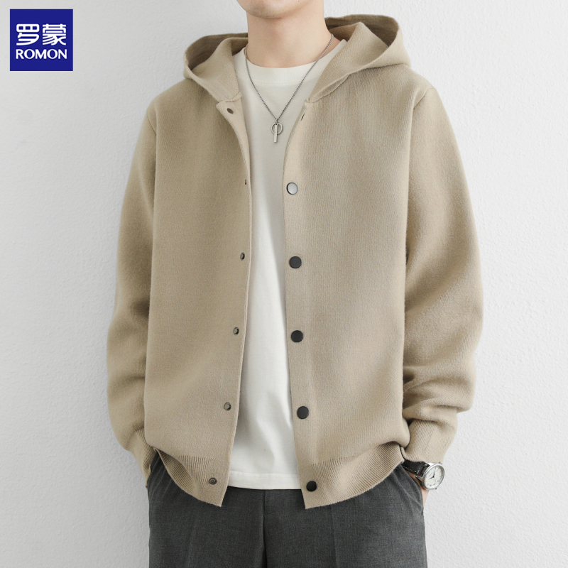 Romon Hooded Cardigan Jacket for Men, High-End Spring and Autumn Trendy Brand Knit Sweater Jacket, Loose and Casual Style Coat