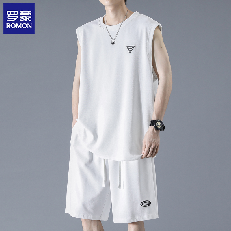 Romon Men's Summer New Sleeveless T-Shirt and Shorts Set, American Style Trendy Brand Vest, Loose Fit, Stylish Complete Set Romon Men's Summer New Sleeveless T-Shirt and Shorts Set, American Style Trendy Brand Vest, Loose Fit, Stylish Complete Set