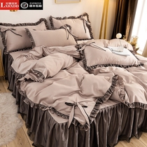 LXRXDD summer ice silk bedspread four-piece set washed silk bed skirt lace girl heart princess style quilt cover