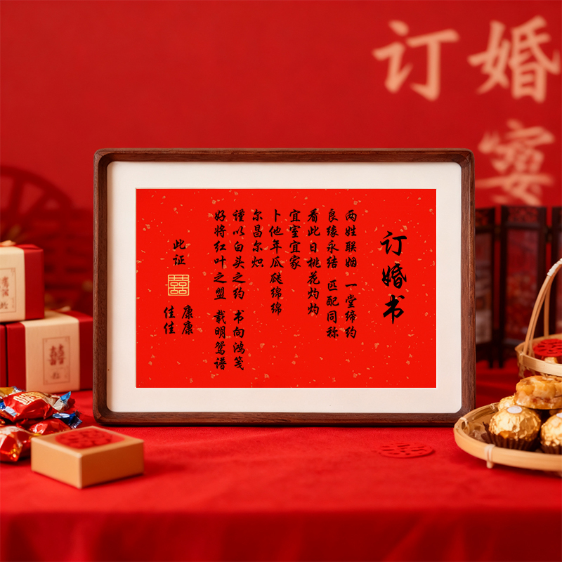 Engagement Letter Calligraphy Photo Frame High-Grade Solid Wood Display Stand Chinese Painting DIY Handwritten Red Rice Paper New Year Picture Frame for Wall Hanging