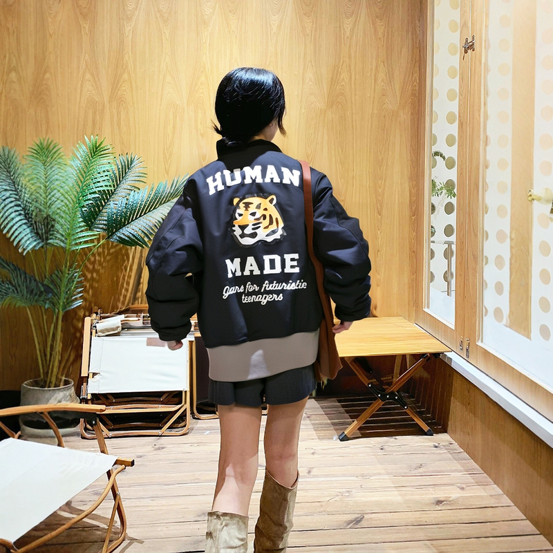 Japanese-Style Human Made Tiger Head Short Bomber Jacket for Men and Women, Couple Cotton Jacket, Autumn and Winter Zipper Coat