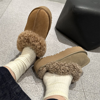 河南桑坡村羊皮毛一体卷毛拖鞋保暖羊毛包头拖反绒牛皮真毛女时尚