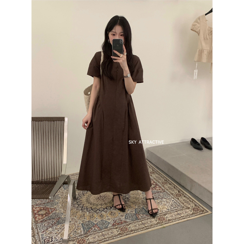 Sky Attractive-French-Style Lazy Linen Round-Neck Dress 39663