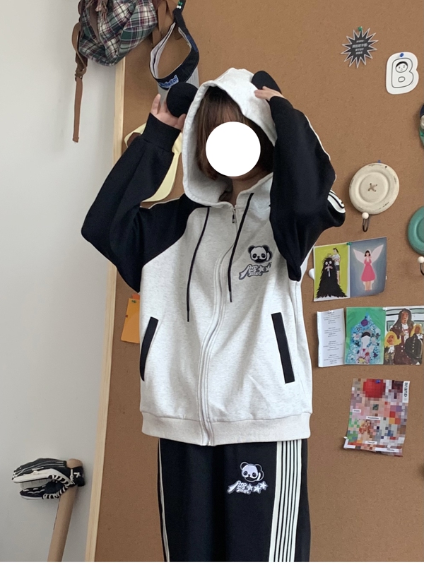 Air Train Panda Striped Ribbon Sports Suit Hooded Sweatshirt Jacket Cute Casual Autumn Original