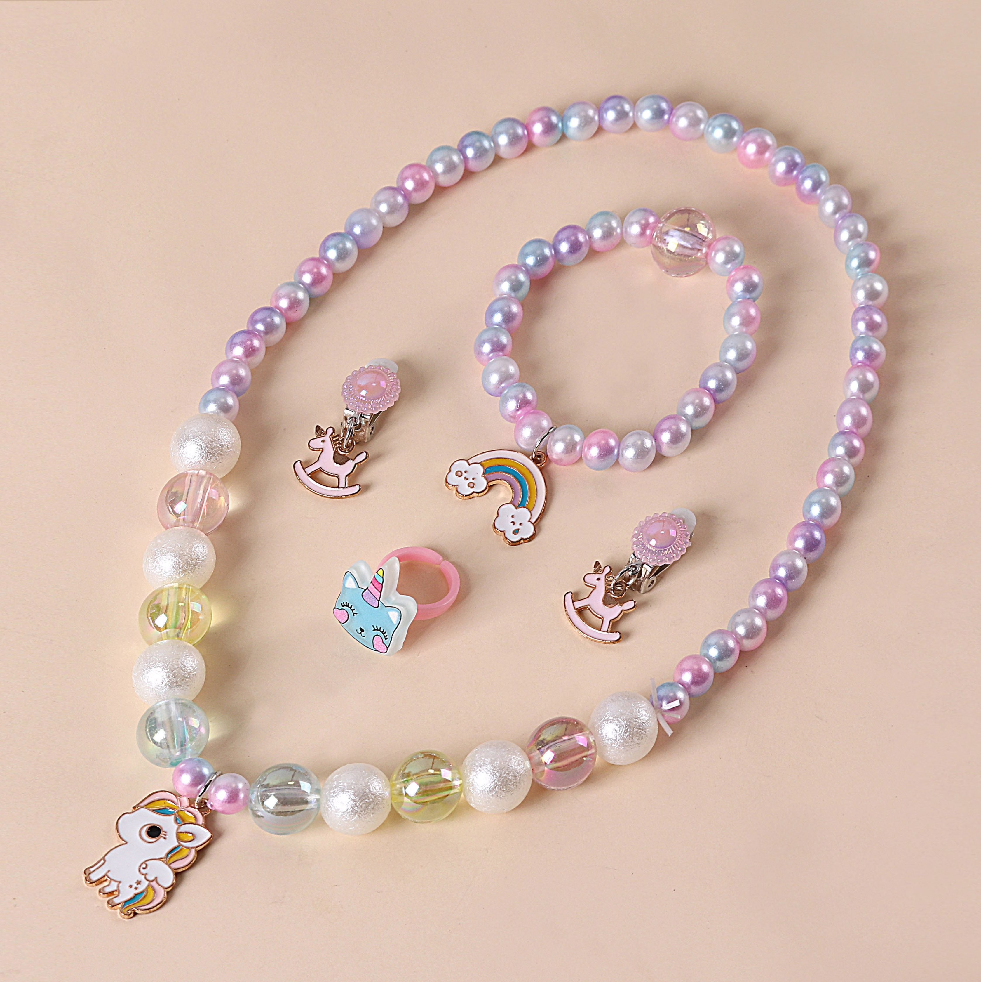 Children Necklace Bracelet Ear Clip Suit Little Princess Unicorn Rings Girl Baby Accessories Accessories 2023 New-Taobao