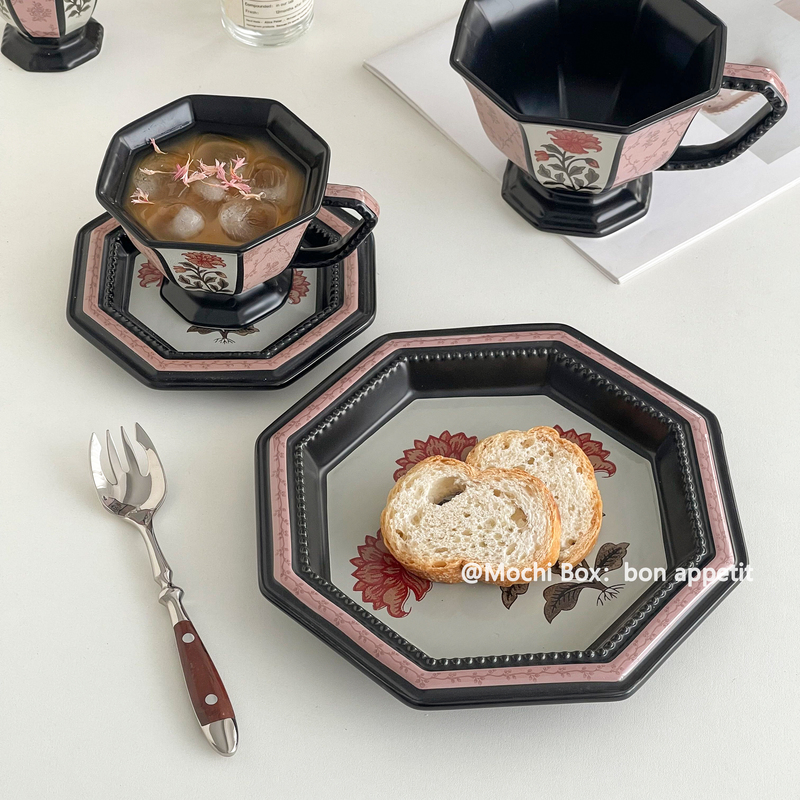 Vintage-Style Ceramic Dinnerware Set, Designer Coffee Cup, French Retro Peony Octagonal Exquisite Niche Plate Vintage-Style Ceramic Dinnerware Set, Designer Coffee Cup, French Retro Peony Octagonal Exquisite Niche Plate