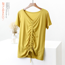 Modal short sleeve t-shirt women 2021 New Summer Slim half sleeve pleated base shirt loose V neck solid color top