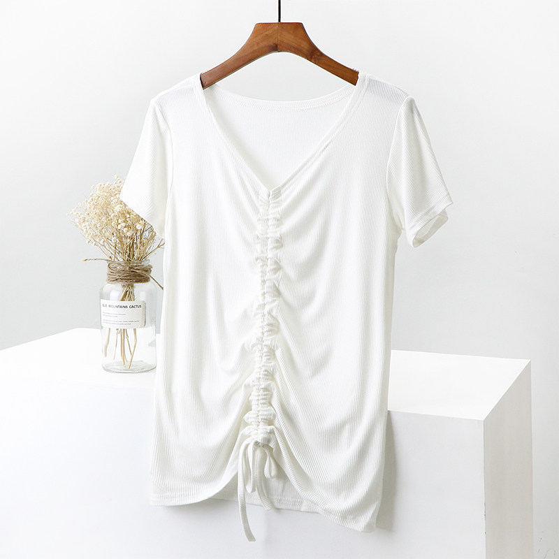 Modal short-sleeved T-shirt women's Chane wears half-sleeved pleated leggings oversized V-neck show slim tops drawstring versatile tide