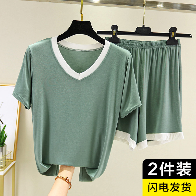 Modal suit women's summer V-neck short-sleeved T-shirt all-match shorts thin top bottoming shirt large size pajamas two-piece set