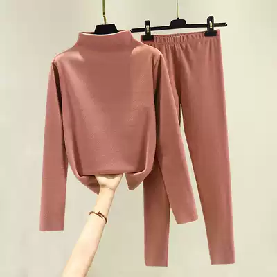 Double-sided velvet hot clothes ladies autumn and winter thickened and velvet set slim half high neck top autumn clothes sanitary pants
