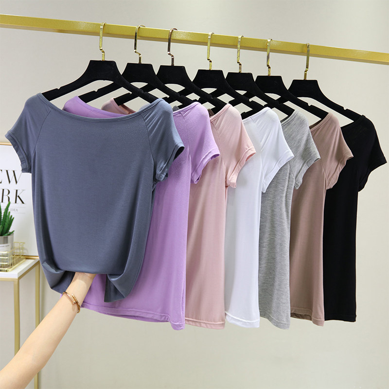 Modal one-word shoulder short-sleeved T-shirt women's summer low-collar base shirt Thin one-word collar sexy slim-fit off-the-shoulder top