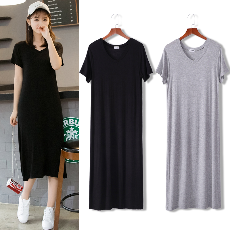 Spring 2021 new women's plus size short-sleeved dress v-neck bottoming small black dress summer thin modal long skirt