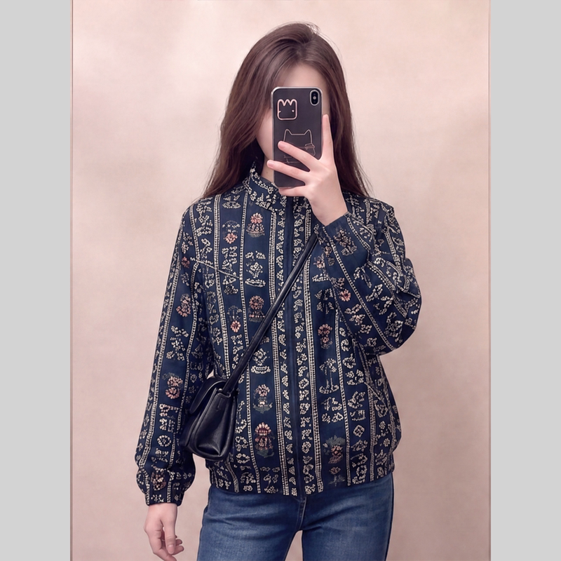 Retro Bohemian Style Printed Jacket for Women, Long-Sleeved, Loose, Versatile, Slimming, Navy Blue Jacket for Women, Autumn