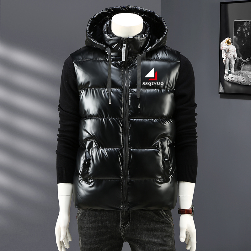 Autumn and Winter Men's down Cotton Vest, Glossy Warm Vest, Casual Thickened Detachable Hooded Vest Jacket