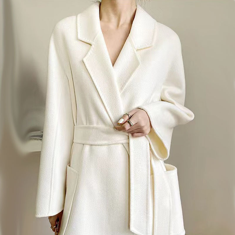 White Double-Sided Cashmere Coat for Women, Autumn and Winter High-End Mid-Length Water Ripple Wool Woolen Coat Trench Coat White Double-Sided Cashmere Coat for Women, Autumn and Winter High-End Mid-Length Water Ripple Wool Woolen Coat Trench Coat