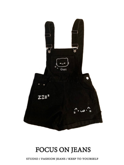 大码胖mm萌系印花设计感背带裤女夏季减龄宽松百搭休闲连体短裤子