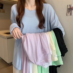 Large -size fat MM summer Korean version of the versatile thin blouse female ice silk long -sleeved sunscreen loose laziness T -shirt top