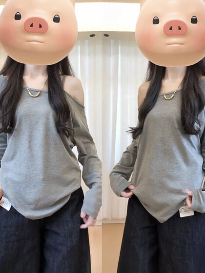 大码胖mm辣妹风灰色斜领露肩长袖T恤女秋百搭遮肉显瘦设计感上衣