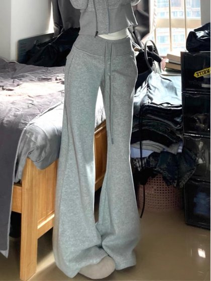 大码胖mm美式微喇休闲裤女春季瑜伽裤运动裤修身显瘦垂感拖地裤子